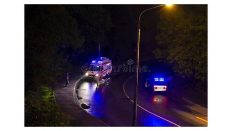 Car accident scene with police and ambulance