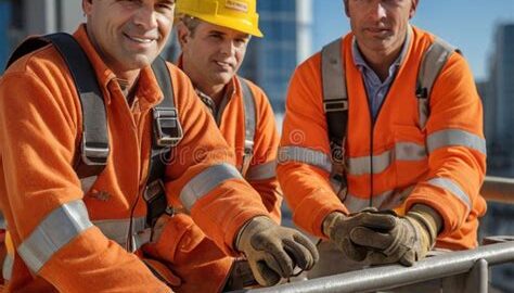 Construction workers wearing safety gear on site