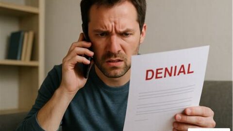 A frustrated individual looking at denied car insurance claim documents