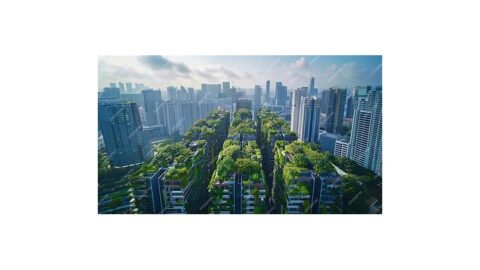 A futuristic cityscape demonstrating sustainable urban development principles.